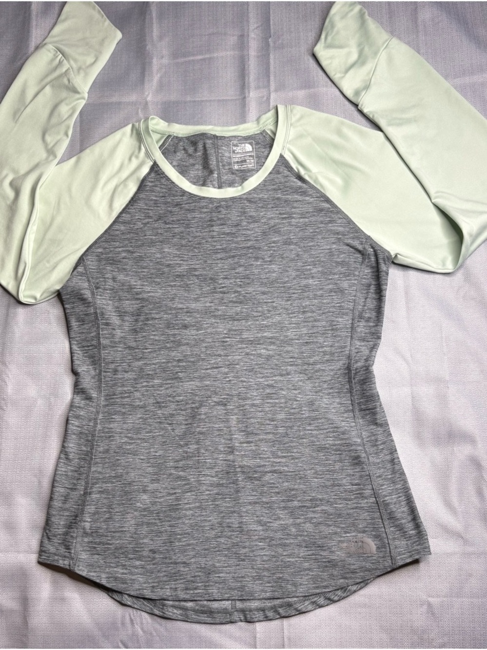 The North Face Women's Heather Gray Body with Pale Green Raglan Long Sleeve Tee